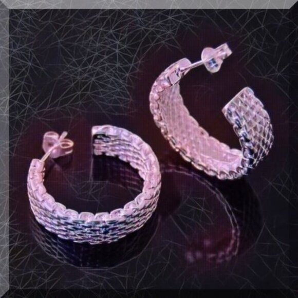 Silver Tone Hoop Mesh Pierced Earrings - Picture 4 of 5